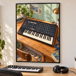 May include: A Korg Mono/Poly analog synthesizer with a black control panel, numerous knobs, and a white and black keyboard, framed in wood. The synthesizer sits on a wooden desk, featuring a prominent logo and text labels on the interface.