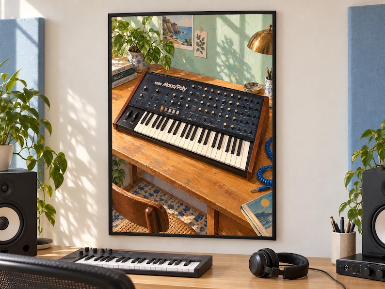 May include: A Korg Mono/Poly analog synthesizer with a black control panel, numerous knobs, and a white and black keyboard, framed in wood. The synthesizer sits on a wooden desk, featuring a prominent logo and text labels on the interface.