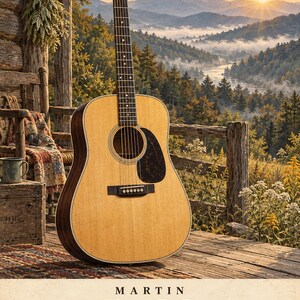 May include: A Martin D-28 acoustic guitar with a light-coloured spruce top, dark wood back and sides, a black pickguard, and a dark fretboard. The headstock features the Martin & Co. logo. The text Martin D-28 1931 is printed at the bottom.