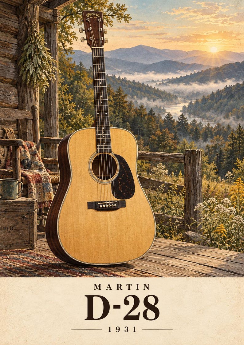 May include: A Martin D-28 acoustic guitar with a light-coloured spruce top, dark wood back and sides, a black pickguard, and a dark fretboard. The headstock features the Martin & Co. logo. The text Martin D-28 1931 is printed at the bottom.