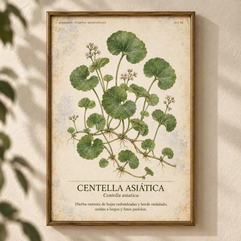 Może przedstawiać: Oprawiony wydruk botaniczny przedstawiający szczeg&oacute;łową ilustrację rośliny Centella asiatica z zielonymi, zaokrąglonymi liśćmi i małymi, bladymi kwiatami. Tło jest teksturowane w kolorze kremowym, z czarnym nadrukiem "HERBARIO PLANTAS MEDICINALES" oraz "CENTELLA ASI&Aacute;TICA".