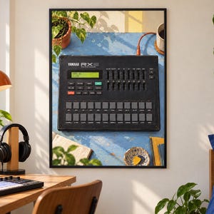 Pode incluir: Uma caixa de ritmos digital Yamaha RX11 preta com um ecr&atilde; LCD verde, m&uacute;ltiplos pads de disparo quadrados cinzentos e uma s&eacute;rie de cursores verticais para controlo de volume, tudo exibido dentro de uma moldura retangular preta.