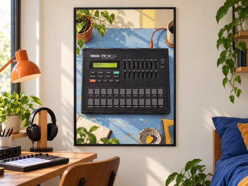Pode incluir: Uma caixa de ritmos digital Yamaha RX11 preta com um ecr&atilde; LCD verde, m&uacute;ltiplos pads de disparo quadrados cinzentos e uma s&eacute;rie de cursores verticais para controlo de volume, tudo exibido dentro de uma moldura retangular preta.
