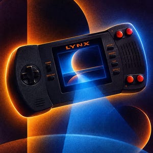 Pu&ograve; includere: Una console di gioco portatile nera con l'etichetta LYNX e uno schermo centrale che mostra un grafico planetario. Il dispositivo &egrave; dotato di un pad direzionale, due pulsanti rossi A e B e pulsanti di controllo etichettati Power, Backlight, Option 1, Restart e Flip.