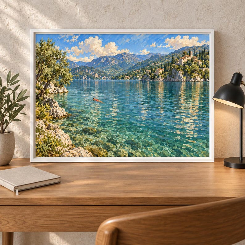 May include: A framed landscape painting depicting a clear blue lake with rocky shores, lush green trees, and distant mountains under a bright sky with white clouds. A small red boat floats on the water near the center of the serene coastal scene.