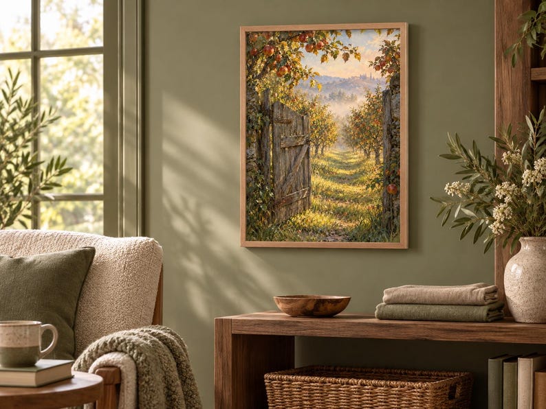 Peut inclure: Une impression d'art mural encadr&eacute;e repr&eacute;sentant un portail en bois ouvert menant &agrave; un verger ensoleill&eacute; rempli d'arbres fruitiers. La sc&egrave;ne montre un chemin serpentant entre les rang&eacute;es d'arbres sous un ciel doux, aux tons dor&eacute;s et naturels.
