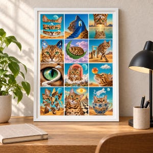 May include: A framed wall art print featuring a grid of twelve surreal illustrations of a brown tabby cat. The artwork depicts the cat in various dreamlike scenarios, including floating in space, resting on a crescent moon, and emerging from a teacup.