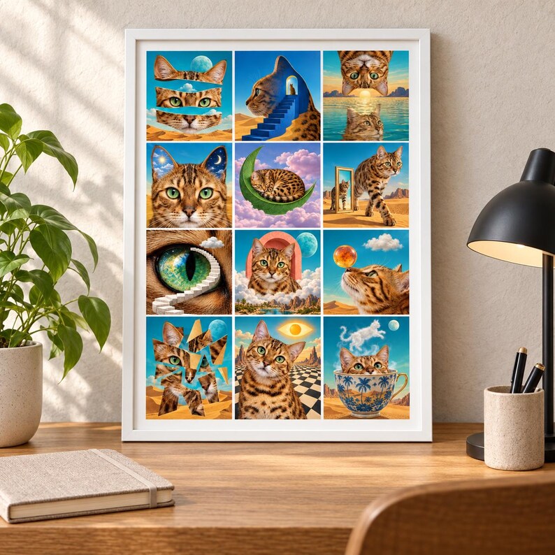 May include: A framed wall art print featuring a grid of twelve surreal illustrations of a brown tabby cat. The artwork depicts the cat in various dreamlike scenarios, including floating in space, resting on a crescent moon, and emerging from a teacup.