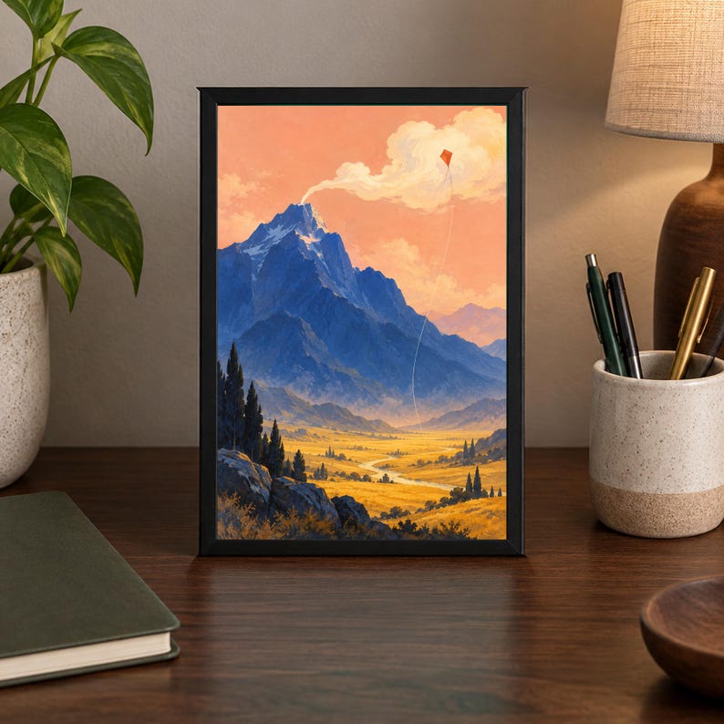 May include: A framed rectangular wall art print featuring a landscape painting of a blue mountain range under a peach-coloured sky. A small red kite flies near a cloud above the peak, while a winding path cuts through a golden valley below.