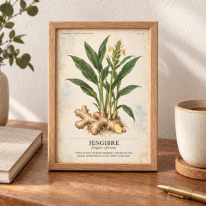 K&ouml;nnte beinhalten: Ein gerahmter botanischer Druck mit einer detaillierten Illustration einer Ingwerpflanze mit gr&uuml;nen Bl&auml;ttern, einer gelben Bl&uuml;te und einem beigen Rhizom. Der Text lautet JENGIBRE, Zingiber officinale, sowie eine spanische Beschreibung.
