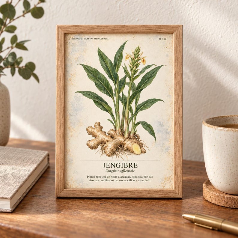 K&ouml;nnte beinhalten: Ein gerahmter botanischer Druck mit einer detaillierten Illustration einer Ingwerpflanze mit gr&uuml;nen Bl&auml;ttern, einer gelben Bl&uuml;te und einem beigen Rhizom. Der Text lautet JENGIBRE, Zingiber officinale, sowie eine spanische Beschreibung.