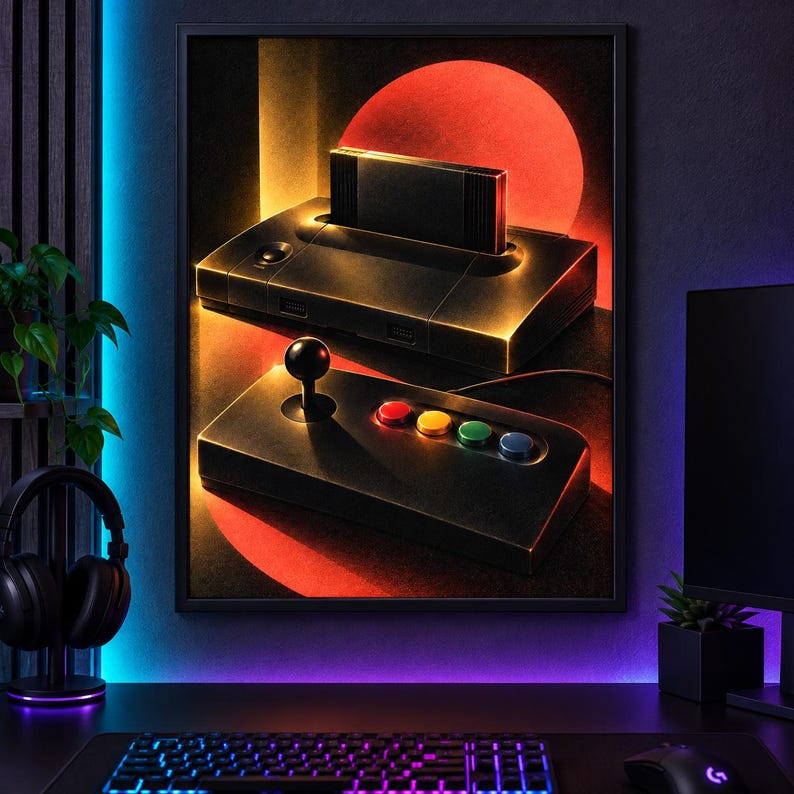 May include: A framed wall art print depicting a black retro video game console with an inserted cartridge and a matching controller featuring a black joystick and four colorful buttons, set against a background with a large glowing red circle.