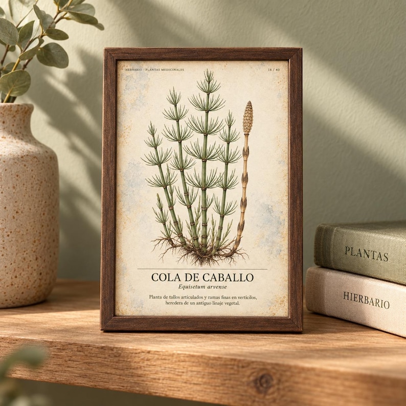 May include: A rectangular dark wood frame containing a botanical print of a horsetail plant. The print features the text COLA DE CABALLO, Equisetum arvense, and descriptive Spanish text on a cream-colored background with a vintage, aged appearance.