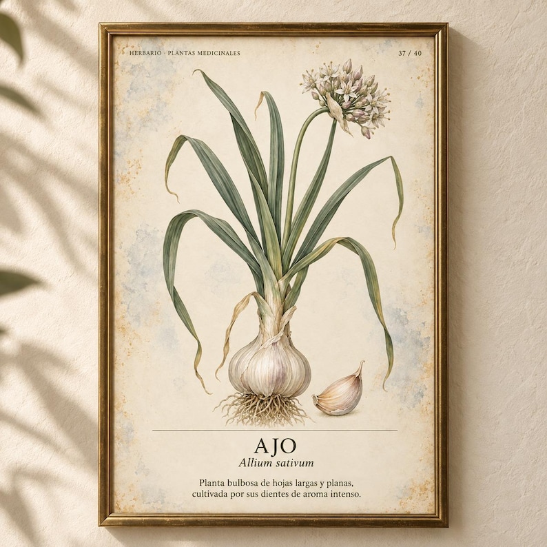 May include: A framed botanical print featuring a detailed illustration of a garlic plant with green leaves, a white flower cluster, and a bulb with roots. The text reads HERBARIO PLANTAS MEDICINALES 37/40, AJO, Allium sativum, and a descriptive paragraph.