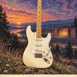 May include: A cream-coloured Fender Stratocaster electric guitar with a maple neck and fretboard, positioned on a rocky outcrop. The background features a sunset over a festival scene with a stage and crowd. Text reads Fender Stratocaster 1954.