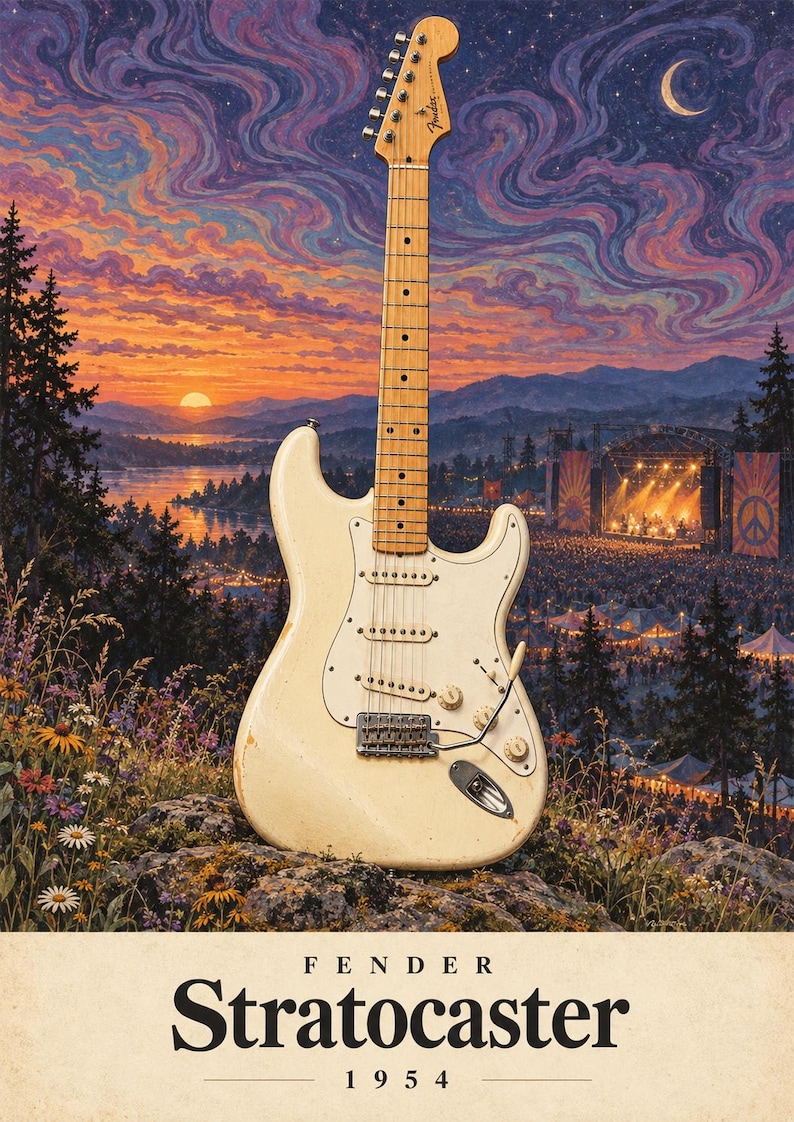 May include: A cream-coloured Fender Stratocaster electric guitar with a maple neck and fretboard, positioned on a rocky outcrop. The background features a sunset over a festival scene with a stage and crowd. Text reads Fender Stratocaster 1954.
