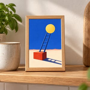 May include: A rectangular wooden frame containing a print of a surreal landscape. The artwork features a bright yellow circle above a blue ladder resting on a red cube, set against a deep blue sky and a light beige ground with a long shadow.