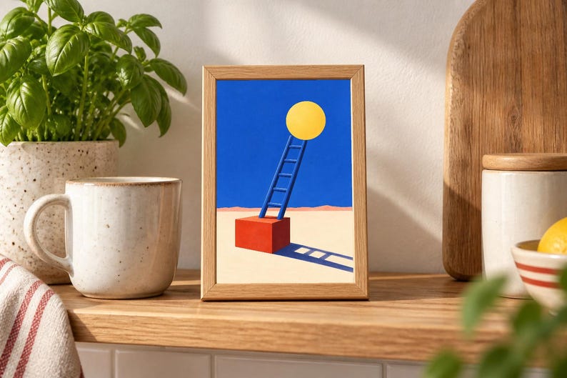 May include: A rectangular wooden frame containing a print of a surreal landscape. The artwork features a bright yellow circle above a blue ladder resting on a red cube, set against a deep blue sky and a light beige ground with a long shadow.