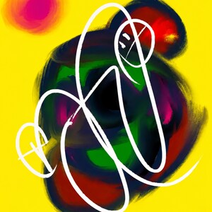 Puede incluir: Una obra de arte digital con un fondo amarillo brillante y una masa central arremolinada de trazos de pintura azul oscuro, verde y rojo. Una l&iacute;nea blanca gruesa y continua forma bucles sobre el centro y un c&iacute;rculo rosa s&oacute;lido est&aacute; arriba a la izquierda.