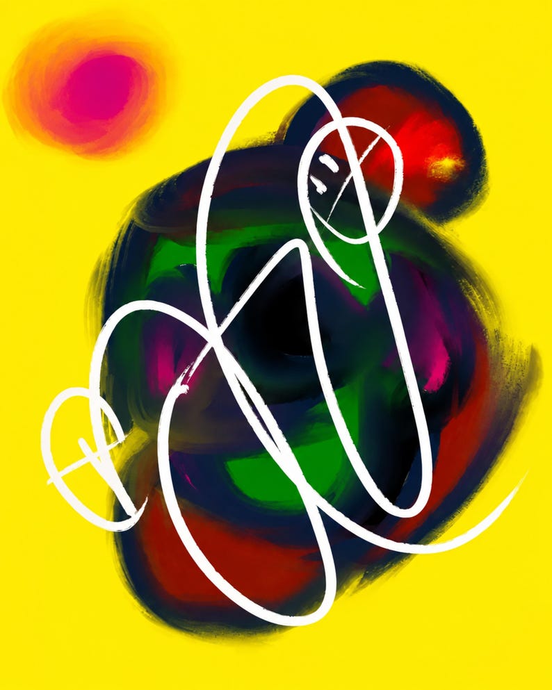 Puede incluir: Una obra de arte digital con un fondo amarillo brillante y una masa central arremolinada de trazos de pintura azul oscuro, verde y rojo. Una l&iacute;nea blanca gruesa y continua forma bucles sobre el centro y un c&iacute;rculo rosa s&oacute;lido est&aacute; arriba a la izquierda.