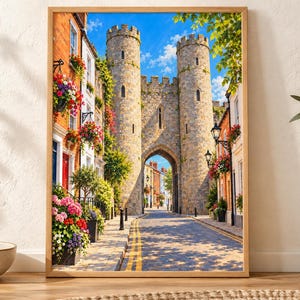 Op de afbeelding: Een ingelijste kunstdruk met een middeleeuwse stenen poort met twee hoge torens over een geplaveide straat. De sc&egrave;ne toont kleurrijke bloemenmanden die aan bakstenen gebouwen aan beide kanten hangen onder een helderblauwe lucht.