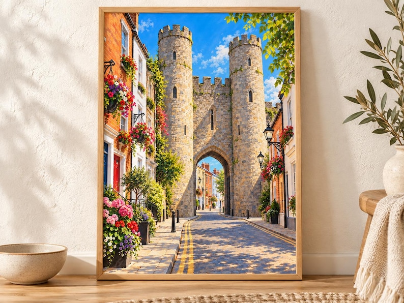 Op de afbeelding: Een ingelijste kunstdruk met een middeleeuwse stenen poort met twee hoge torens over een geplaveide straat. De sc&egrave;ne toont kleurrijke bloemenmanden die aan bakstenen gebouwen aan beide kanten hangen onder een helderblauwe lucht.