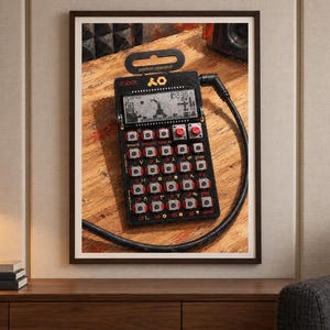 May include: A black Teenage Engineering PO-28 robot pocket operator synthesiser featuring a monochrome LCD screen, a grid of silver buttons with red accents, and a black audio cable plugged into the top right corner, all framed in a dark wood frame.