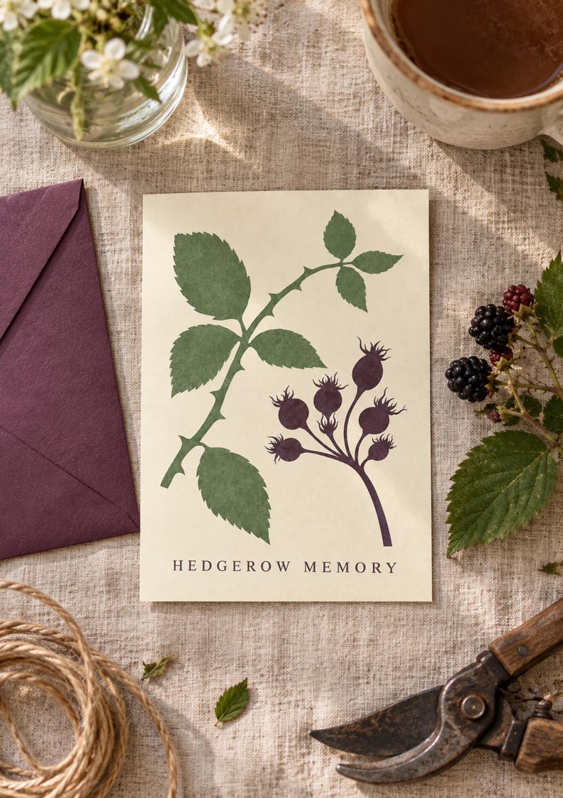 May include: A rectangular greeting card with a cream-colored background featuring a botanical illustration of green leaves and dark purple rose hips. The text HEDGEROW MEMORY is printed in black at the bottom center of the card, which is paired with a dark purple envelope.