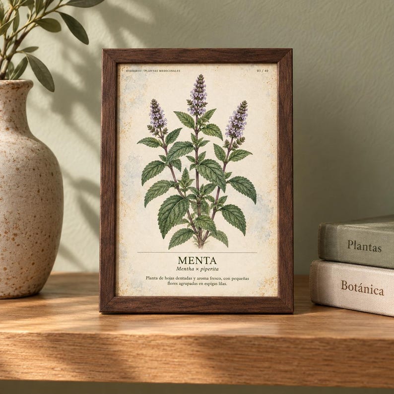 Op de afbeelding: Een rechthoekige donkerhouten lijst met een botanische print van een Menta Mentha x piperita plant. De illustratie toont groene bladeren en paarse bloemaren op een cr&egrave;mekleurige achtergrond met de tekst Menta Mentha x piperita eronder.