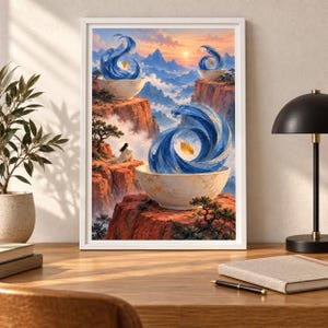 Pode incluir: Uma impress&atilde;o de arte de parede emoldurada retratando uma paisagem surreal com tr&ecirc;s tigelas brancas em penhascos rochosos vermelhos. Cada tigela cont&eacute;m um v&oacute;rtice de &aacute;gua azul e uma folha dourada. Uma pequena figura senta-se no penhasco.
