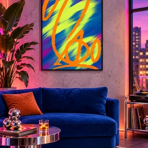 May include: A rectangular wall art print in a black frame featuring a vibrant abstract composition with bold orange calligraphic lines layered over a dynamic background of bright neon yellow, deep blue, and magenta diagonal brushstrokes.