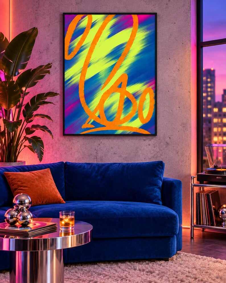 May include: A rectangular wall art print in a black frame featuring a vibrant abstract composition with bold orange calligraphic lines layered over a dynamic background of bright neon yellow, deep blue, and magenta diagonal brushstrokes.