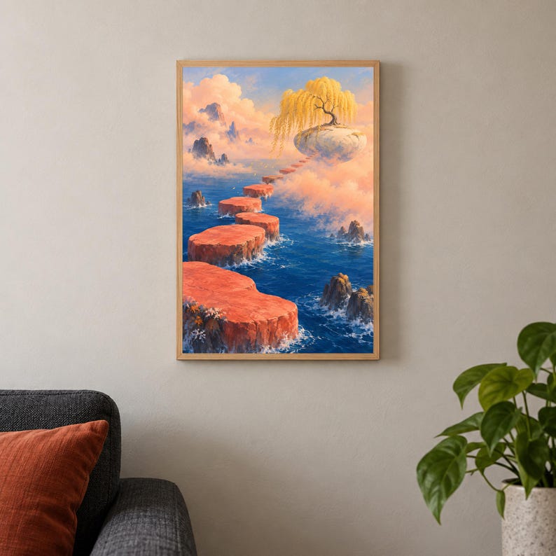 May include: A framed wall art print depicting a surreal landscape with a series of red, flat-topped stone platforms rising from deep blue ocean waters, leading toward a floating island with a golden willow tree under a soft, cloudy sky.