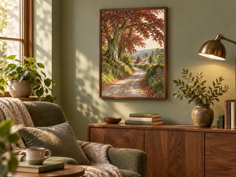 Puede incluir: Una impresi&oacute;n de arte mural rectangular que presenta un paisaje con un camino de tierra que serpentea a trav&eacute;s de una escena rural con grandes &aacute;rboles de follaje oto&ntilde;al, muros de piedra y una casa lejana, todo en un marco fino de color marr&oacute;n oscuro.
