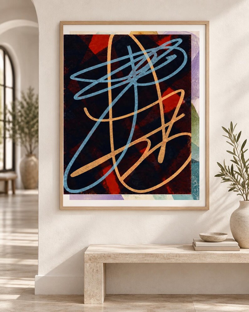 May include: A framed rectangular wall art piece featuring an abstract composition with a dark background, layered with bold red geometric shapes and prominent, sweeping light blue and golden-yellow linear strokes that create a dynamic visual effect.