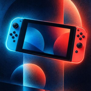 K&ouml;nnte beinhalten: Eine tragbare Videospielkonsole mit einem schwarzen rechteckigen Bildschirm, flankiert von einem abnehmbaren neonblauen Controller auf der linken Seite und einem neonroten Controller auf der rechten Seite, jeweils mit schwarzen Joysticks und Tasten.