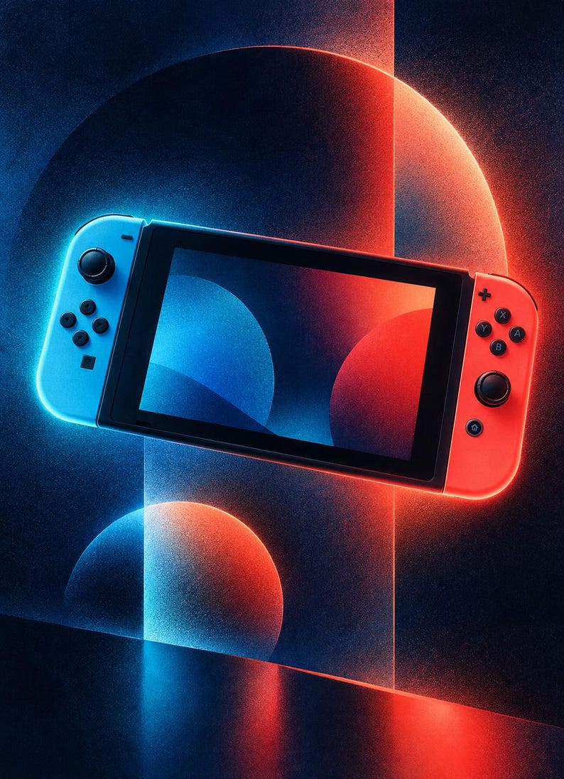 K&ouml;nnte beinhalten: Eine tragbare Videospielkonsole mit einem schwarzen rechteckigen Bildschirm, flankiert von einem abnehmbaren neonblauen Controller auf der linken Seite und einem neonroten Controller auf der rechten Seite, jeweils mit schwarzen Joysticks und Tasten.