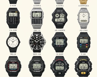 Könnte beinhalten: Eine Sammlung von 20 Casio-Uhren, die in einem Raster angeordnet sind und verschiedene digitale und analoge Uhrenmodelle wie die F-91W, A158WA, AE-1200WH und mehrere G-Shock-Serien zeigen. Jede Uhr ist mit ihrem Modellnamen darunter beschriftet.