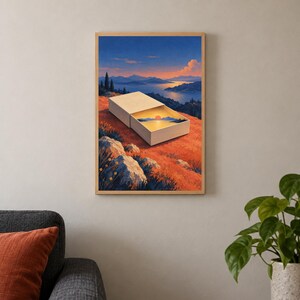May include: A rectangular wall art print featuring a surreal landscape where an open matchbox rests on a grassy hillside. Inside the box, a miniature sunset over a calm body of water is visible, mirroring the larger mountain and lake scene behind it.