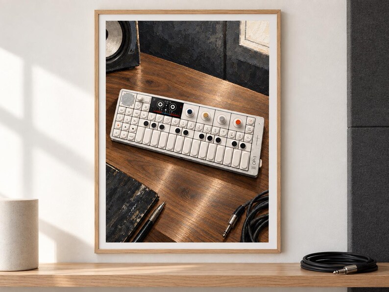 May include: A white portable synthesiser with a keyboard, multiple black circular buttons, and four coloured knobs in blue, yellow, grey, and orange. The device features a small screen, a speaker grille, and the text OP-1 printed on the right side.