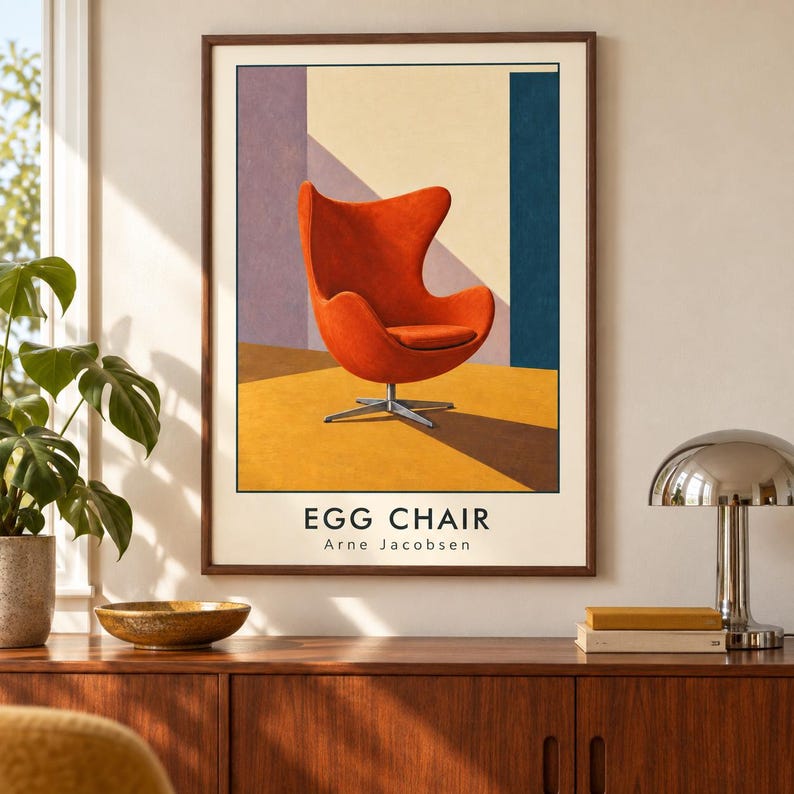May include: A framed art print featuring a vibrant orange Egg Chair by Arne Jacobsen. The illustration displays the chair on a yellow floor against a geometric background of purple, cream, and blue panels. The text EGG CHAIR Arne Jacobsen is printed below.