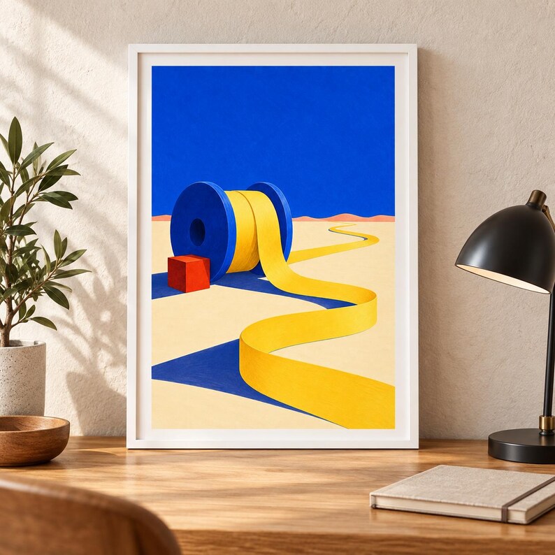 Op de afbeelding: Een ingelijste kunstdruk met een surrealistisch landschap met een grote blauwe spoel die een lang geel lint afrolt over een beige woestijnbodem onder een effen blauwe lucht. Een kleine rode kubus staat naast de spoel.