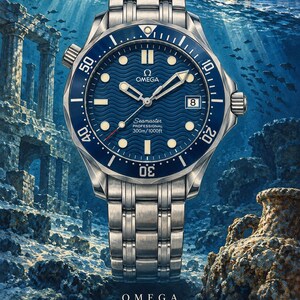 Op de afbeelding: Een roestvrijstalen Omega Seamaster Diver 300M horloge met een blauwe wijzerplaat met golfpatroon, lichtgevende uurmarkeringen, een datumvenster op 3 uur en een draaibare blauwe ring. Het horloge heeft een metalen schakelarmband en de tekst OMEGA SEAMASTER DIVER 300M 1993.