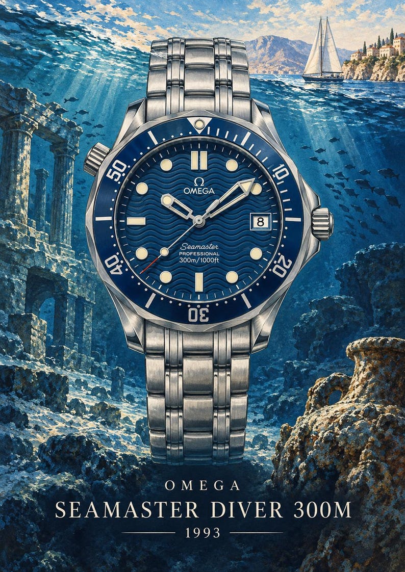 Op de afbeelding: Een roestvrijstalen Omega Seamaster Diver 300M horloge met een blauwe wijzerplaat met golfpatroon, lichtgevende uurmarkeringen, een datumvenster op 3 uur en een draaibare blauwe ring. Het horloge heeft een metalen schakelarmband en de tekst OMEGA SEAMASTER DIVER 300M 1993.