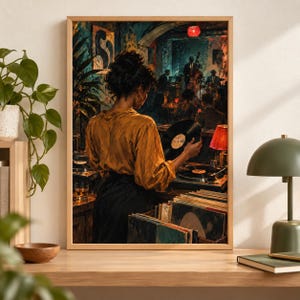May include: A framed wall art print depicting a person in a mustard yellow shirt holding a black vinyl record in a dimly lit jazz club. The scene features a band playing on a stage, record players, and stacks of vinyl records in the foreground.