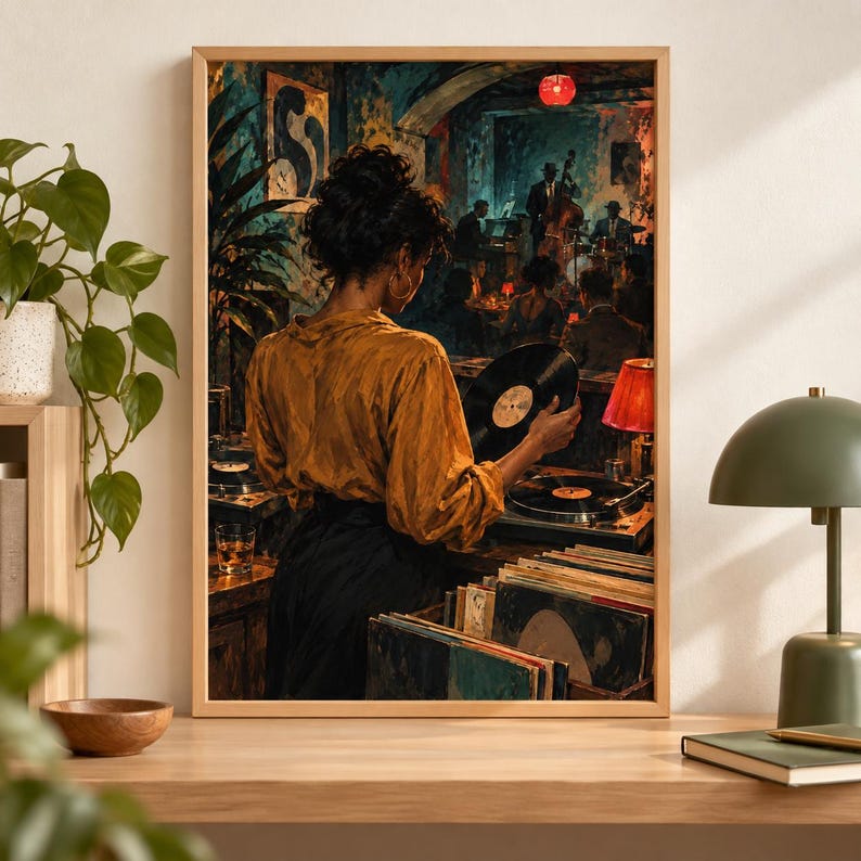 May include: A framed wall art print depicting a person in a mustard yellow shirt holding a black vinyl record in a dimly lit jazz club. The scene features a band playing on a stage, record players, and stacks of vinyl records in the foreground.