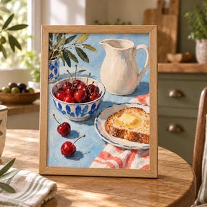 May include: A framed painting depicting a still life scene with a white ceramic pitcher, a blue and white patterned bowl filled with bright red cherries, and a plate featuring a slice of toasted bread topped with a square of yellow butter.