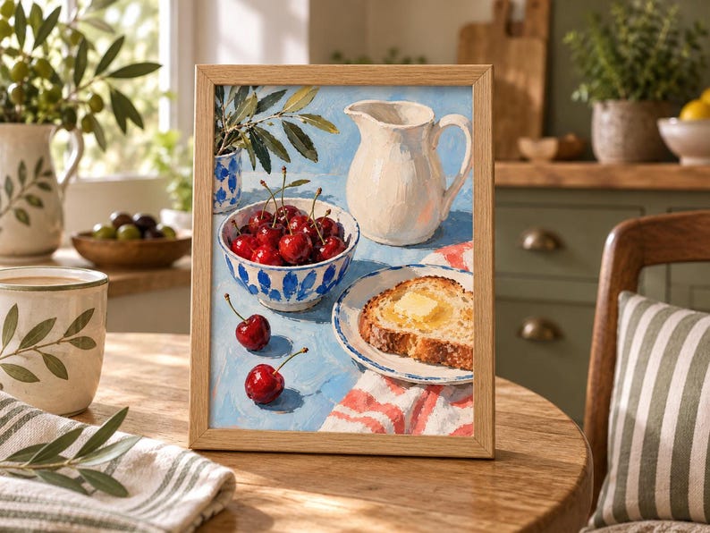 May include: A framed painting depicting a still life scene with a white ceramic pitcher, a blue and white patterned bowl filled with bright red cherries, and a plate featuring a slice of toasted bread topped with a square of yellow butter.