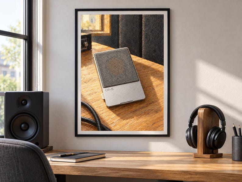 K&ouml;nnte beinhalten: Ein gerahmter Kunstdruck, der ein rechteckiges elektronisches Ger&auml;t mit metallischer Oberfl&auml;che und einem dunklen Lautsprechergitter zeigt. Das Ger&auml;t ist mit CM-15 beschriftet und liegt auf einer Holzoberfl&auml;che. Der Rahmen ist schwarz.