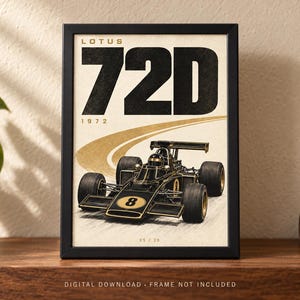 May include: A framed poster featuring a black and gold Lotus 72D Formula One race car with the number 8 on the nose. The text reads LOTUS 72D 1972 at the top and 05 / 20 at the bottom. The car is depicted on a stylized track against a cream background.
